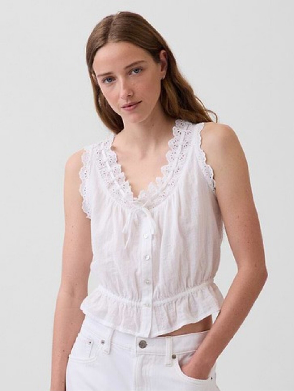 GAP Eyelet Tie Front Crop Peplum Top, White Salt, Doen Dupe
